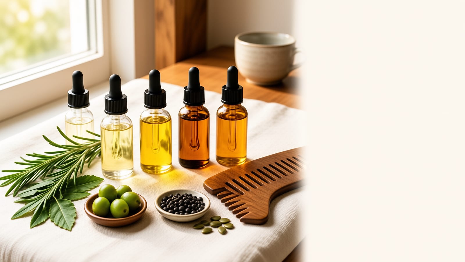 Glass dropper bottles of hair oils with rosemary, amla and kalonji seeds