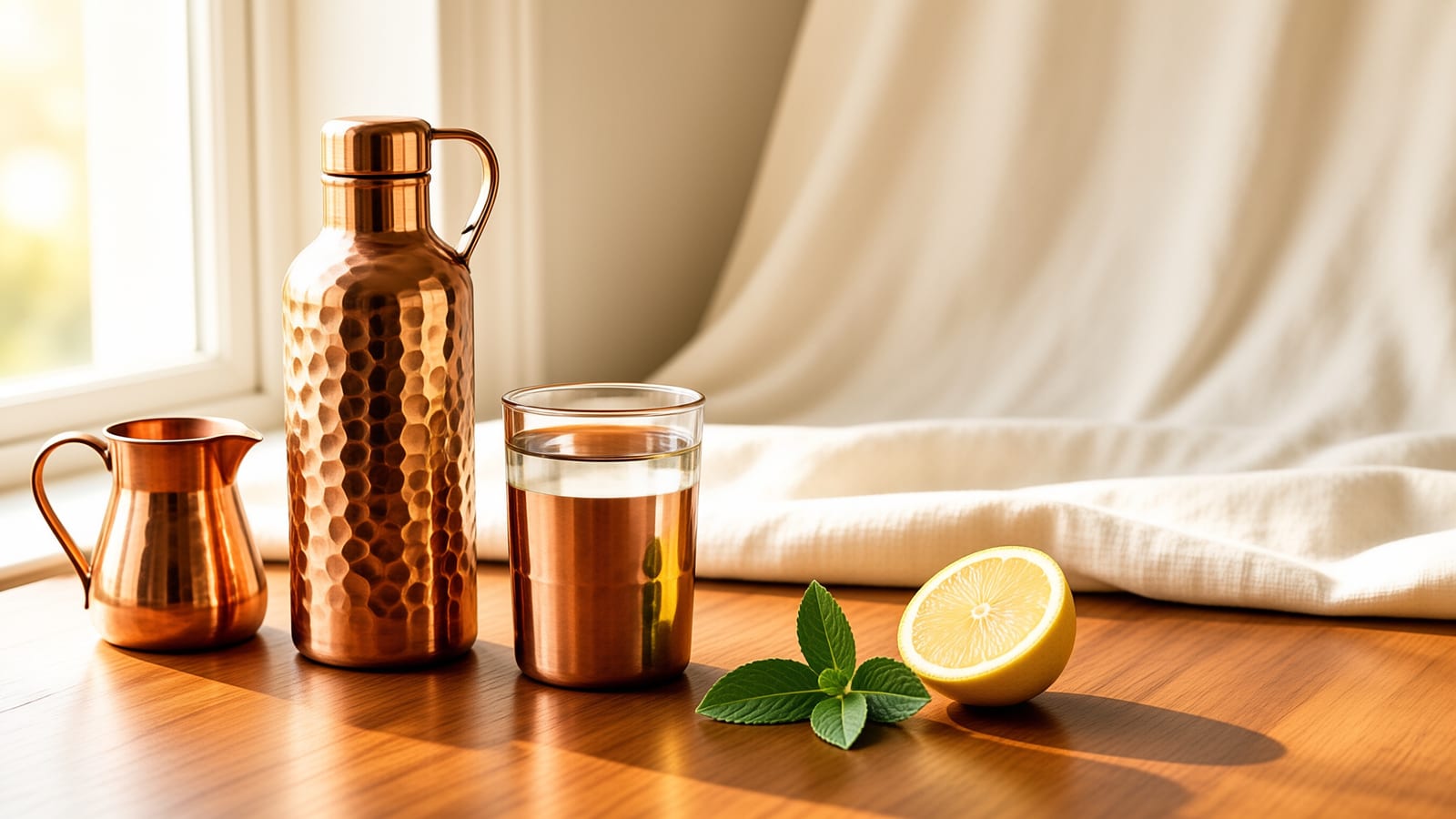 A hammered copper water bottle and tumbler in morning light