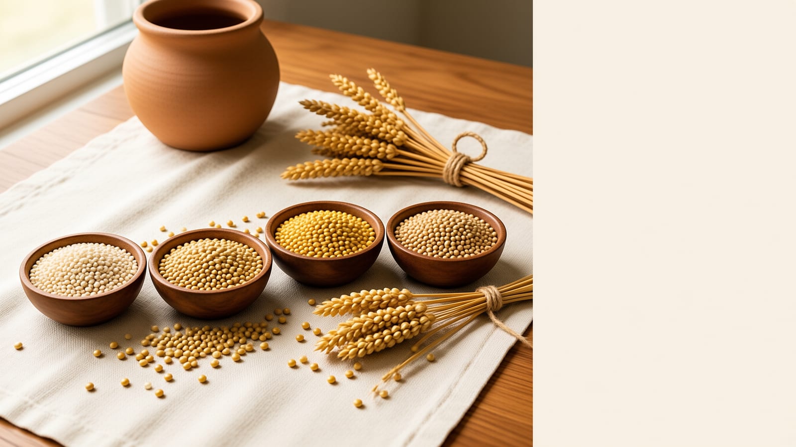 Five wooden bowls of unpolished millet grains with dried millet ears