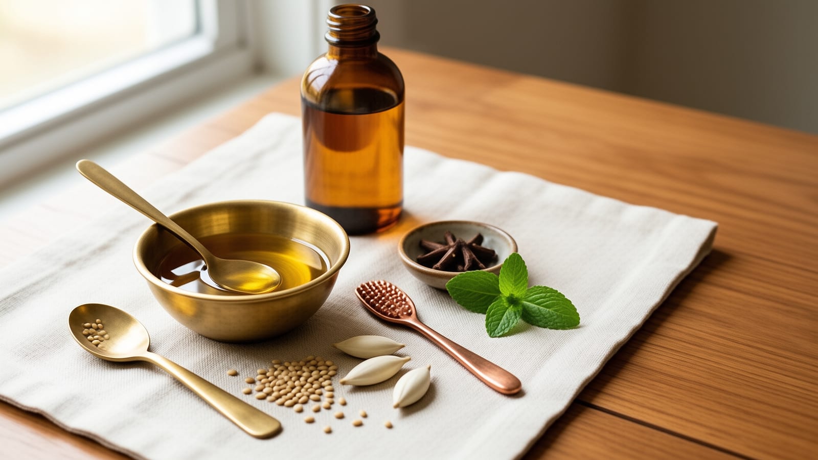 A brass bowl of sesame oil with a copper tongue cleaner and sesame seeds