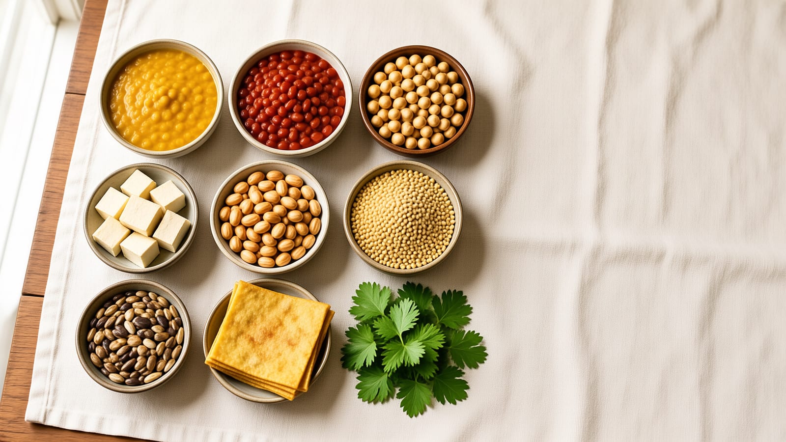 Bowls of dals, chickpeas, tofu, peanuts, millet and seeds